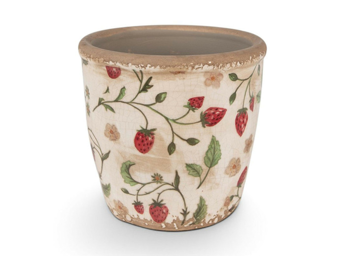 Pot de fleurs Fraises beige rouge céramique 14x13x13cm