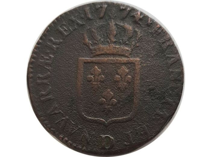LOUIS XV (1715-1774) SOL A LA VIELLE TETE 1774 D (Lyon) TB