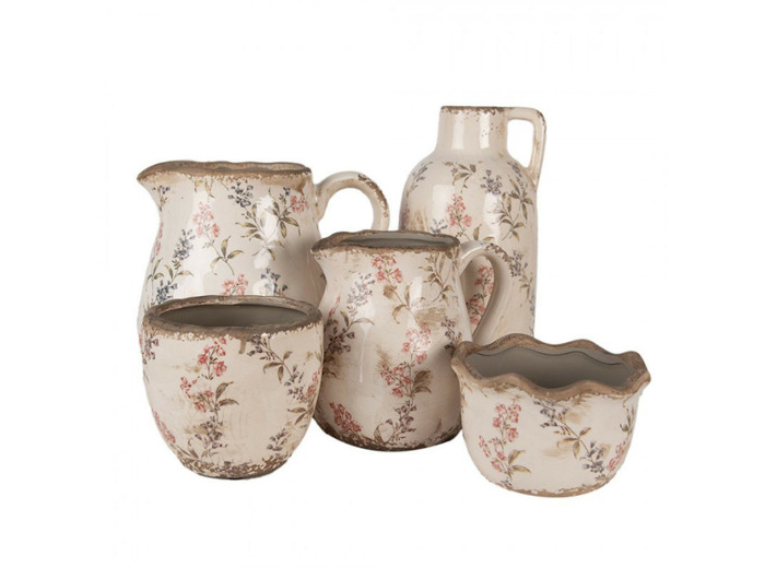 Pot de fleurs d'intérieur beige et rose céramique motif fleurs 18x17cm