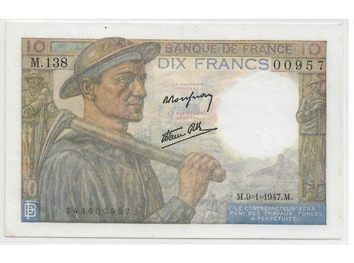 FRANCE 10 FRANCS MINEUR SERIE M.138 9-1-1947 SPL 957