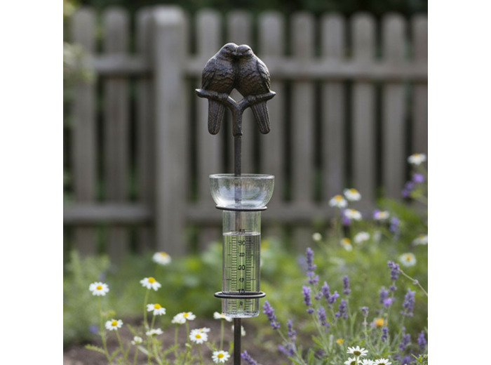 Pluviomètre jardin couple oiseaux fonte  10x10x112cm