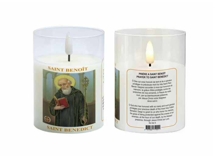Bougie LED 7.5x10cm - Saint Benoît + Prière - Vendue sans pile