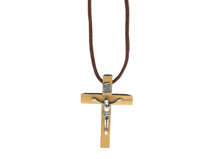 Croix en Bois Imitation Olivier 4,5cm avec Lacet - Christ