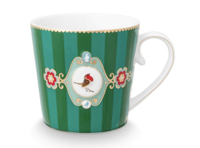 Grand Mug rayé love birds vert Pipstudio
