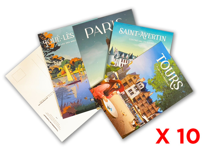 PACK DE 10 CARTES POSTALES D'ILLUSTRATIONS DIFFERENTES DE VILLES ET VILLAGES.