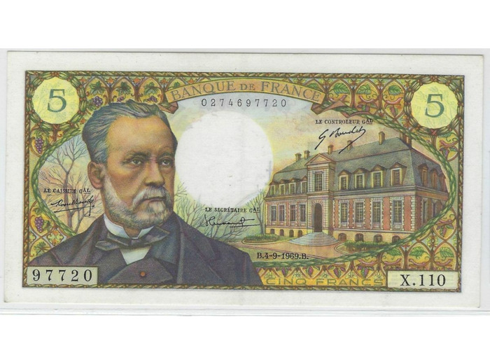 FRANCE 5 FRANCS PASTEUR 4-9-1969 X.110 SUP
