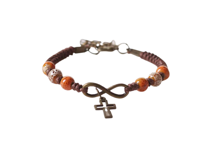 Bracelet en Corde Marron - CROIX + COEUR INFINI- perles oranges