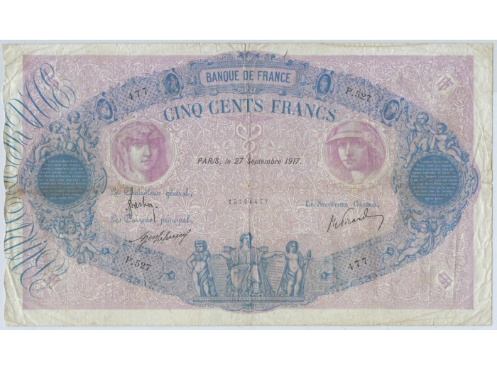 FRANCE 500 FRANCS BLEU ET ROSE 27 SEPTEMBRE 1917 P.527 TB+