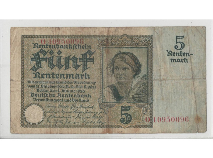 ALLEMAGNE 5 RENTENMARK 02 01 1926 TB+