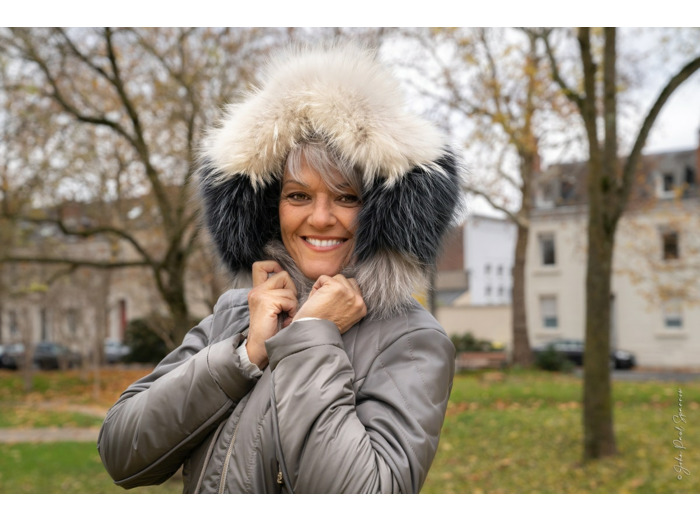 GD242 Veste doudoune femme cuir et textile gris et marron