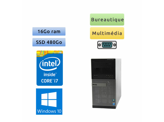 Dell Optiplex 9020 MT - Windows 10 - i7 16Go 480Go SSD - Port Serie - Ordinateur Tour Bureautique PC