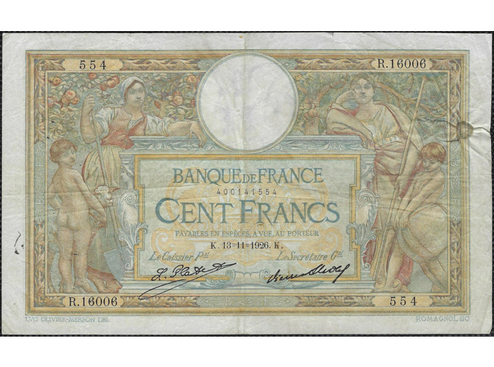 FRANCE 100 FRANCS MERSON sans LOM 13-11-1926 R.16006 TB+ (F24/05)