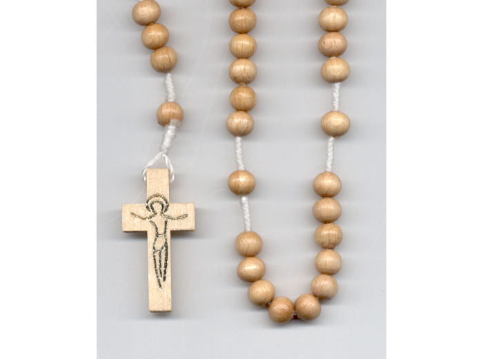 Chapelet  BOIS CLAIR sur CORDE grain rond- croix Christ stylisée