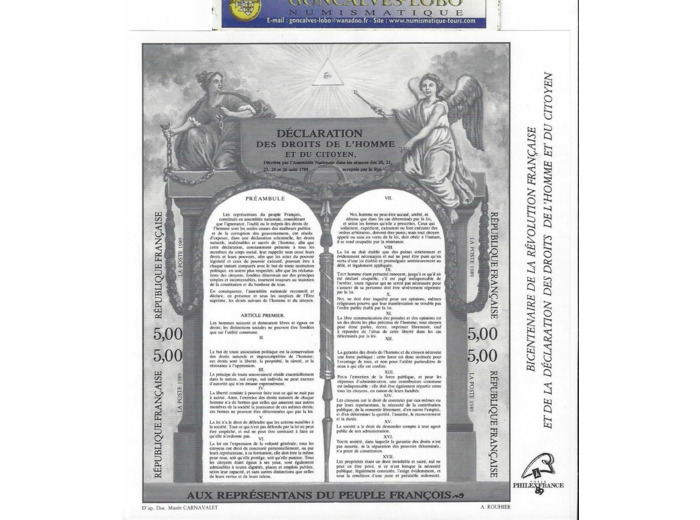 FRANCE 1989 Y11b bloc 4 Timbres NON DENTELE NOIR DECLARATION DROITS DE L'HOMME