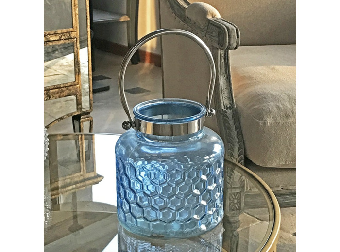 Lanterne verre bleu 18x20cm
