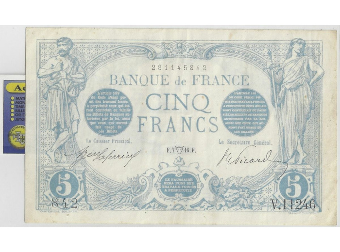 FRANCE 5 FRANCS BLEU 07-04-1916 V.11246 TTB+