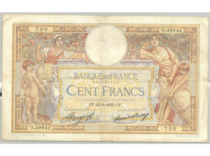 FRANCE 100 FRANCS MERSON SANS LOM SERIE O.39642 23-3-1933 TB+