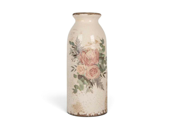 Vase Soliflore Floral Vintage en Céramique Beige et Rose 8x20cm