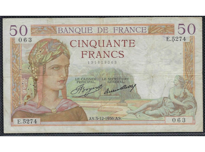 FRANCE 50 FRANCS CERES 3-12-1936 E.5274 TB+