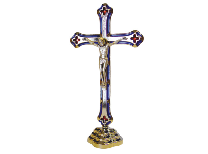 Crucifix en Métal Nickelé sur Pied 14,5cm et Résine Bleu et Rouge