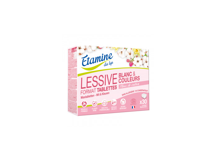 30 tablettes lessive spéciale blanc et couleur Fleur de coton 900g