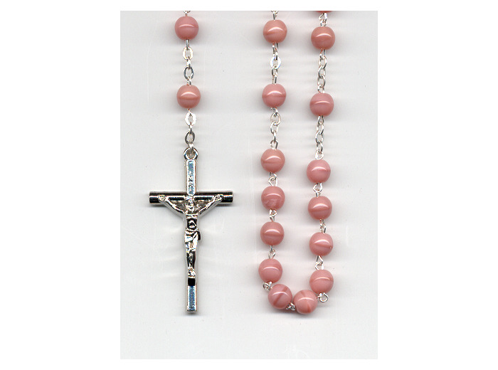 Chapelet argenté en verre ROSE 6mm + christ