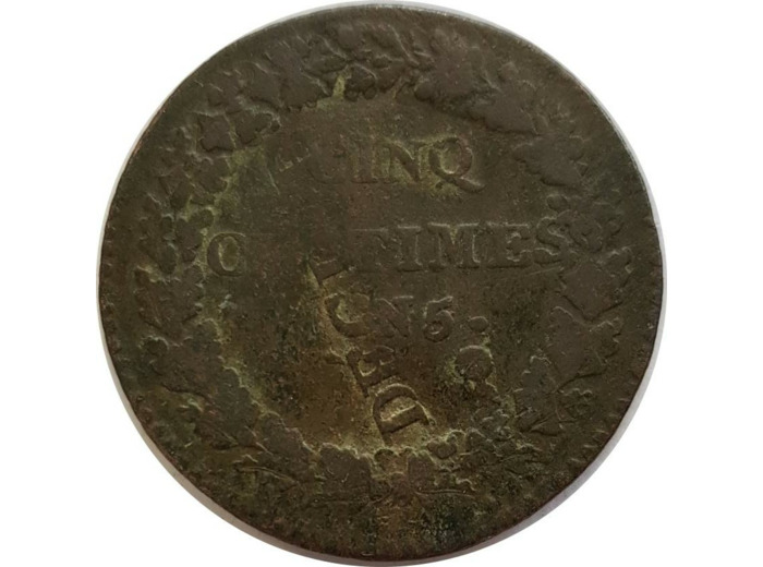 FRANCE 5 CENTIMES DUPRE SURFRAPPE DU DECIME AN 5 (I) TB 9gr19