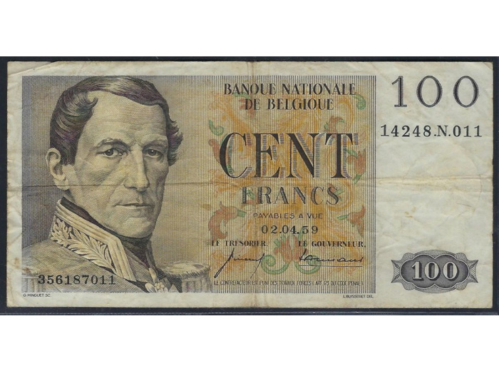 BELGIQUE 100 FRANCS 02.04.59 1959 N.011 TB+