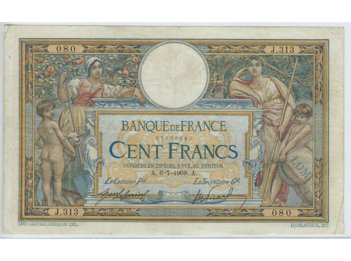 FRANCE 100 FRANCS L.O.M avec LOM SERIE J.313 6-7-1908 TB+