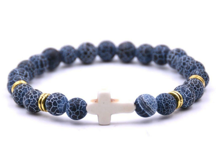BRACELET élastique 8mm en pierre véritable- Agate Bleue craquelée