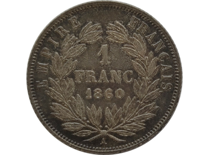 FRANCE 1 FRANC NAPOLEON III tête nue 1860 A (Paris) SUP (G460)