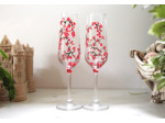 Lot de deux flutes à champagne peintes à la main personnalisable sur le thème des cerisiers du Japon au coloris rouges et noirs