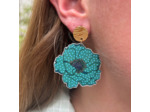 Boucles d'oreilles anémone coloris vert pois bleu, pistils or