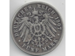 ALLEMAGNE GERMANY SAXONY-ALBERTINE 5 MARK 1907 E Friedrich TB+