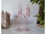 Flûtes à champagne peintes à la main sur le thème des cerisiers du Japon - coloris rose et cuivrés