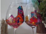 Duo de 2 jolis verres à vin en cristal peints à la main multicolore sur le thème des chats de gouttière