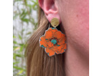 Boucles d'oreilles anémone coloris orange rayures vert pailleté