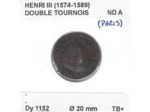 HENRI III (1574-1589) Double tournois ND A Paris TB+ 3gr13