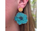 Boucles d'oreilles anémone coloris vert pois bleu, pistils or
