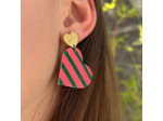 Boucles d'oreilles coeur coloris rose rayures vertes