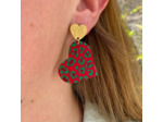 Boucles d'oreilles coeur coloris rouge motif léopard vert