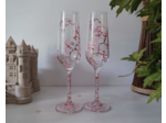 Flûtes à champagne peintes à la main sur le thème des cerisiers du Japon - coloris rose et cuivrés
