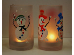 Duo de photophores de noël en verre givré très colorés, joyeux petits bonhommes de neige peints à la main, objet unique et signé.