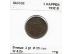 SUISSE 2 RAPPEN 1932 B TTB