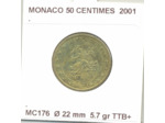 MONACO 2001 50 CENTIMES SUP-
