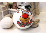 Jolie boule de noël en verre peinte à la main personnalisable d'un diamètre de 9cm représentant un petit renne coquin
