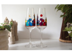 flutes à champagne multicolores peintes à la main sur le thème des chats amoureux sous la lune dorée et le soleil couchant - verre en cristallin