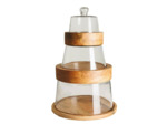 Ensemble 3 plateaux et cloches superposables verre et manguier 46x30x30cm
