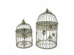 Ensemble 2 Cages Décoratives Ronde à Suspendre en Métal Vert Patiné 19x40cm
