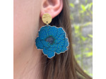Boucles d'oreilles anémone coloris bleu pois vert pailleté